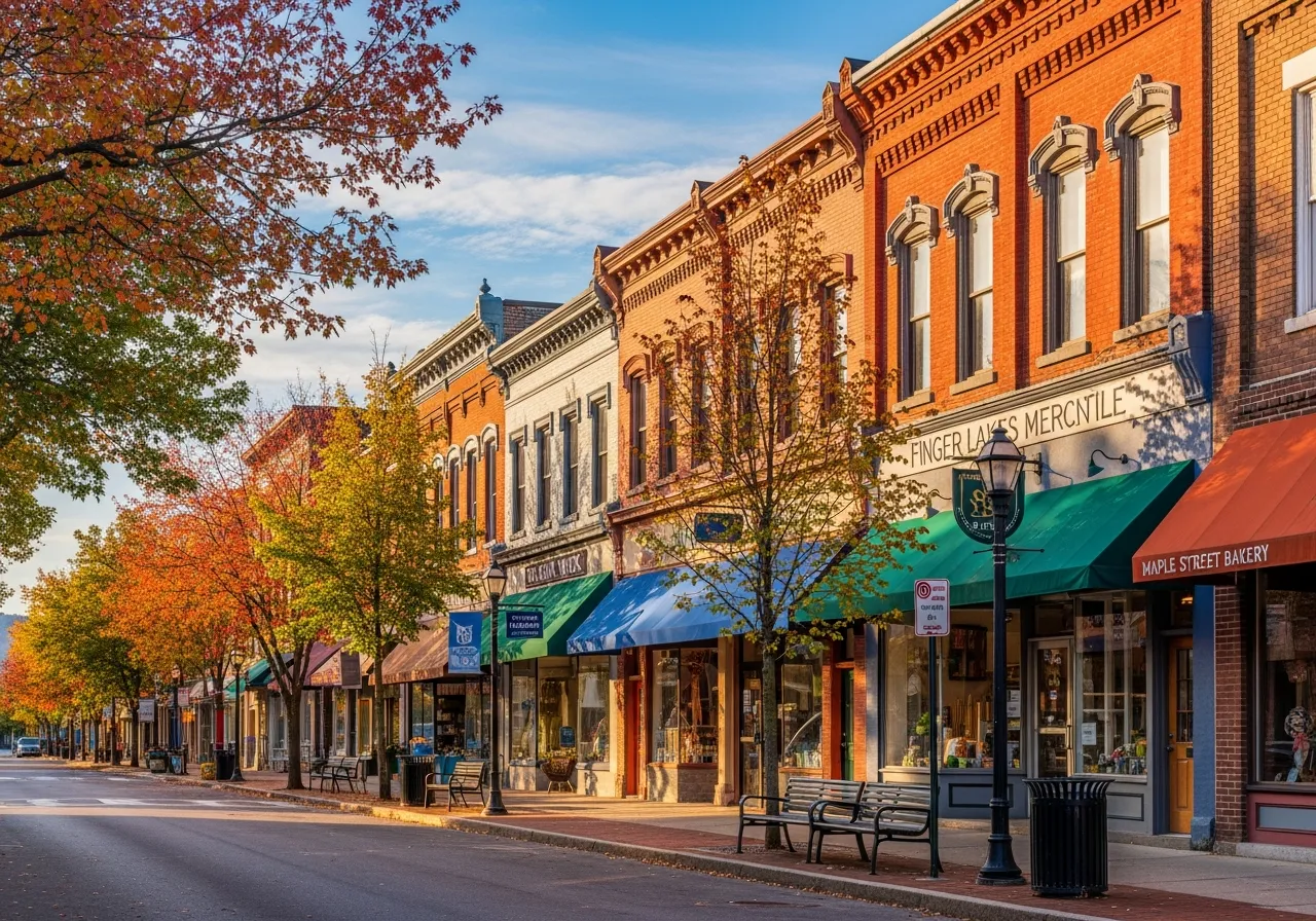 Small town business storefronts in upstate New York