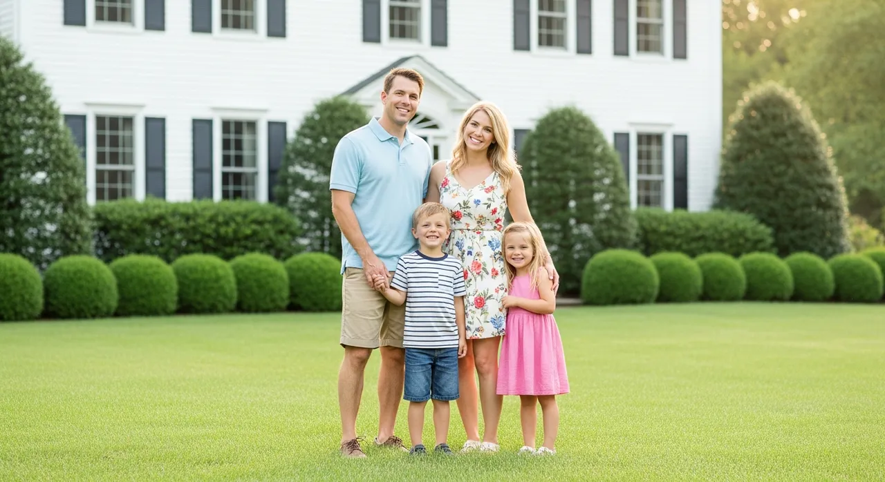 Loving family in front of colonial house