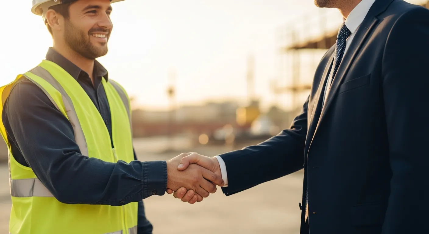 Insurance agent shaking hands with couple in front of homes