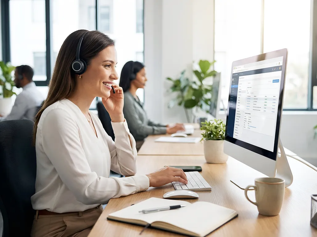 Professional insurance representative assisting a client on a headset call